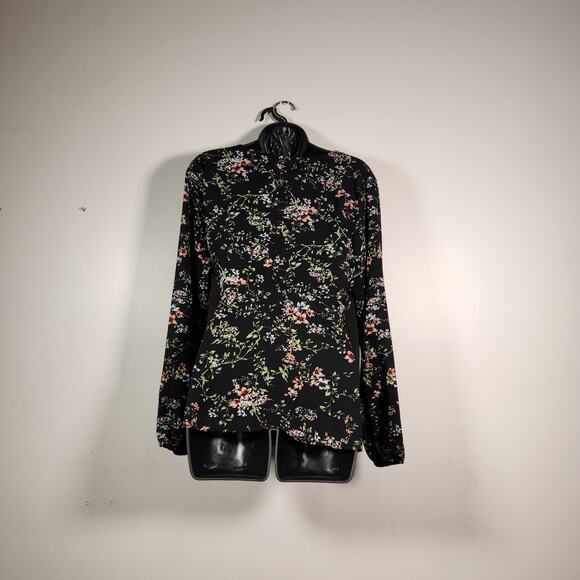 BAILEY & CHLOE Wrap Blouse Top Womens M Black Green Floral LS Cottagecore Boho - Picture 4 of 11
